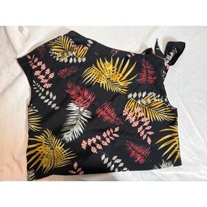 Tropical Leaf Print  Skirt Black Yellow 1XL Wrap Style Side Tie